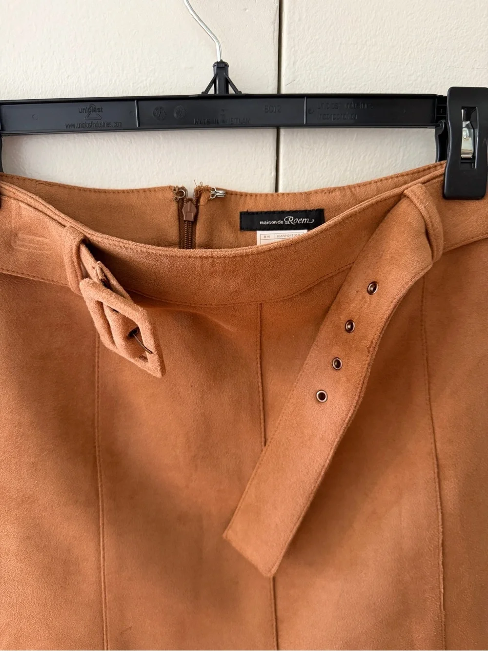 Suede-Look A-Line Mini Skirt with Self-Tie Belt in Camel (Korean brand)